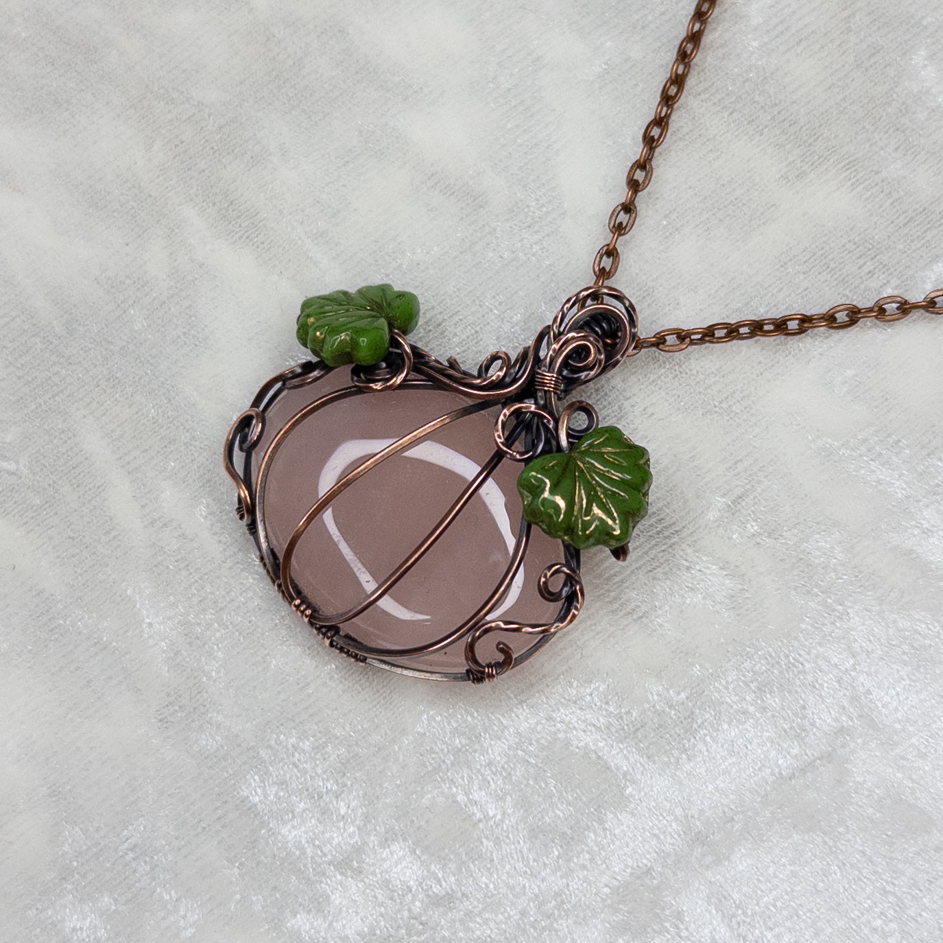 Large Rose Quartz Antiqued Copper Pumpkin Pendant With Czech Glass Leaves