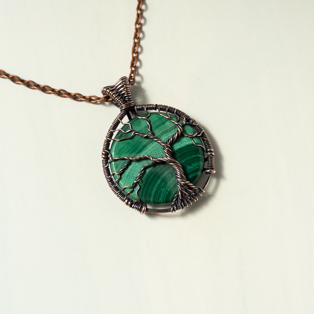 Malachite Tree Of Life Antiqued Copper Wrapped Pendant