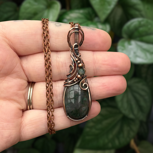 Moss Agate Antiqued Copper Pendant With Moss Agate & Copper Beads