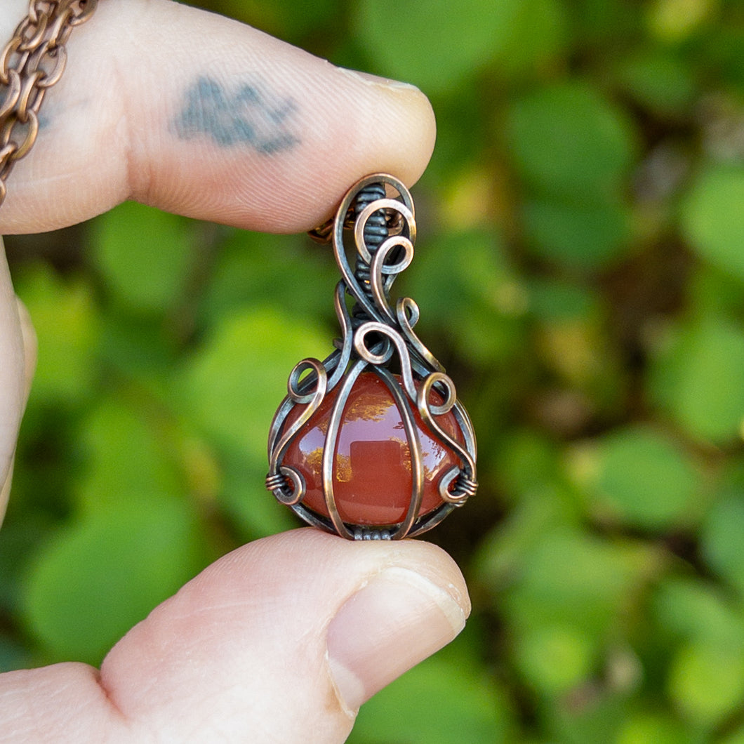 Dainty Carnelian Pumpkin Antiqued Copper Pendant