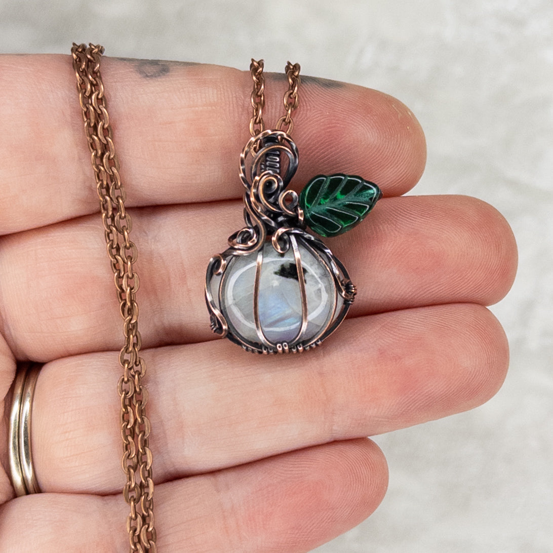 Dainty Moonstone Antiqued Copper Pumpkin Pendant With Czech Glass Leaf