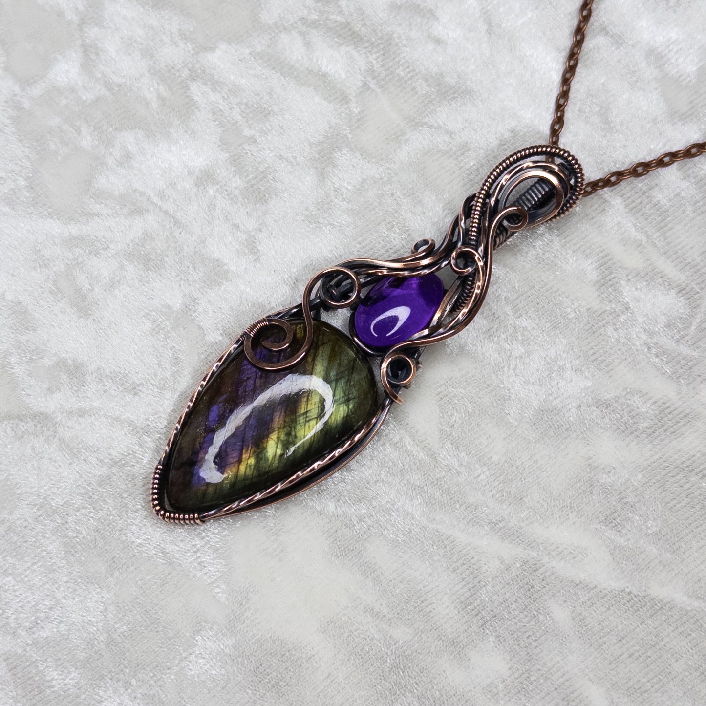 Unique Purple/Green Labradorite & Amethyst Antiqued Copper Statement Pendant