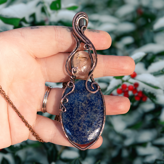 Lapis Lazuli & Gold Rutilated Quartz Antiqued Copper Statement Pendant