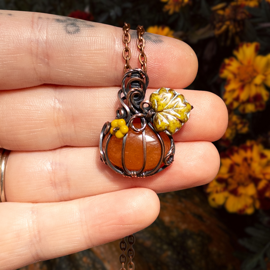 Carnelian Antiqued Copper Pumpkin Pendant With Czech Glass Leaf & Blossom