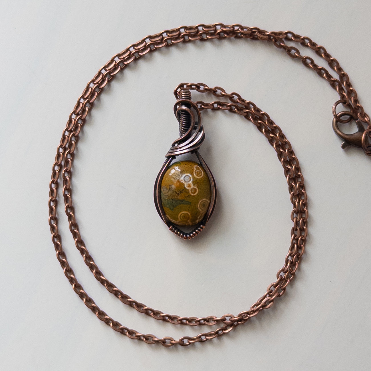 Dainty Yellow Ocean Jasper Copper Wrapped Pendant