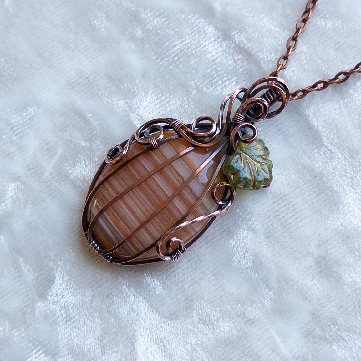 The Last “Candy Corn” Agate Pumpkin Pendant With Czech Glass Leaf - Antiqued Copper