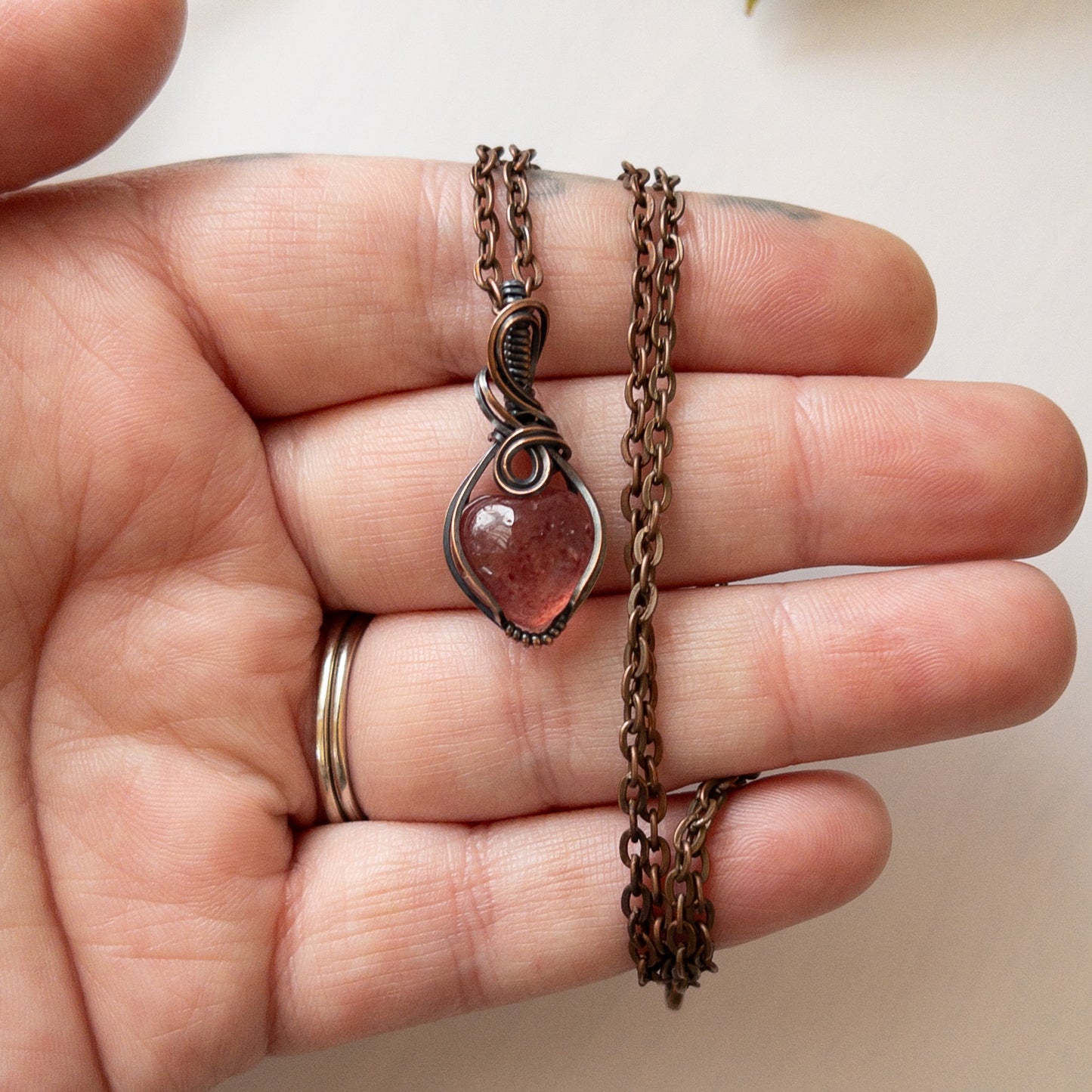 Mini Strawberry Quartz Heart & Copper Wrapped Pendant - E