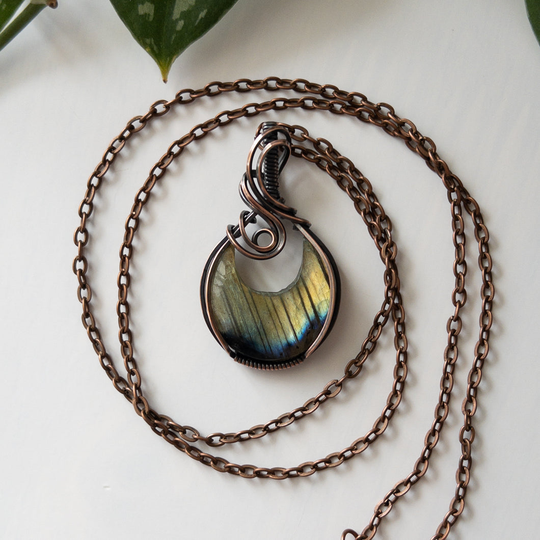 Labradorite Moon & Copper Wrapped Pendant