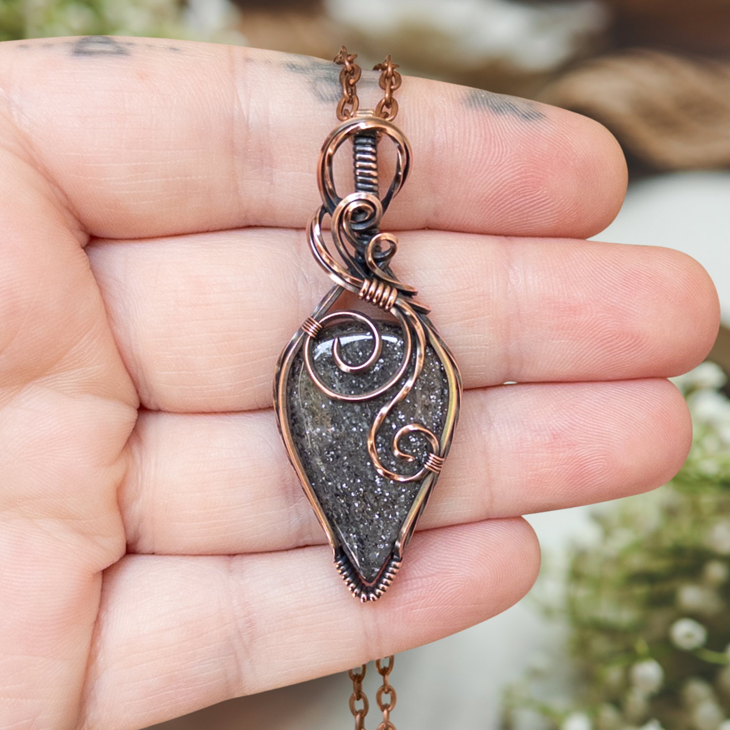 “Black Sunstone” Antiqued Copper Pendant