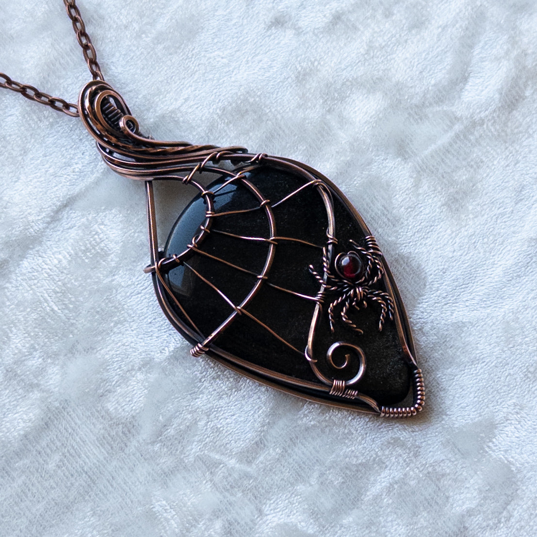 Gold Sheen Obsidian Web & Garnet Spider Pendant - Antiqued Copper
