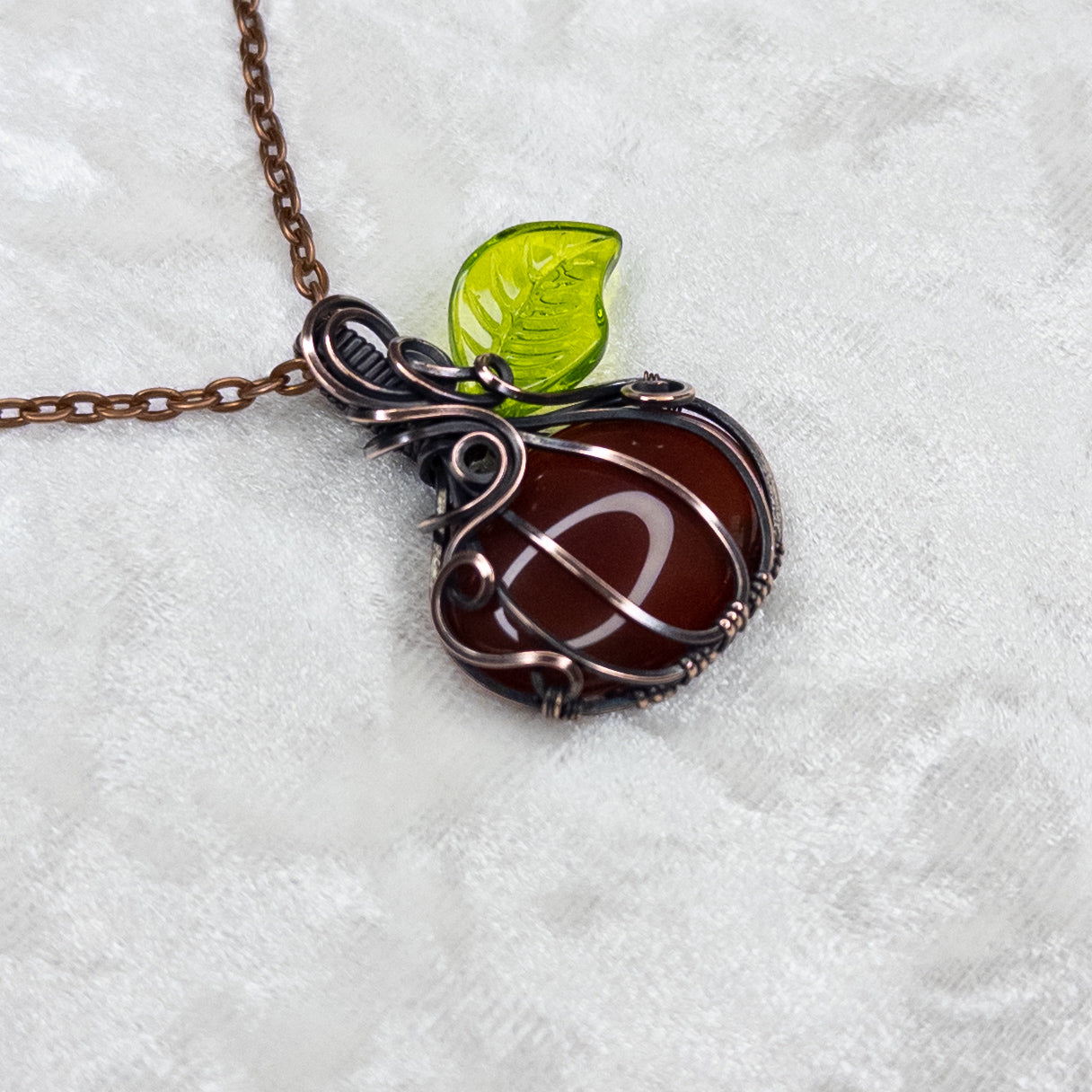 Carnelian & Glass Leaf Antiqued Copper Pumpkin Pendant