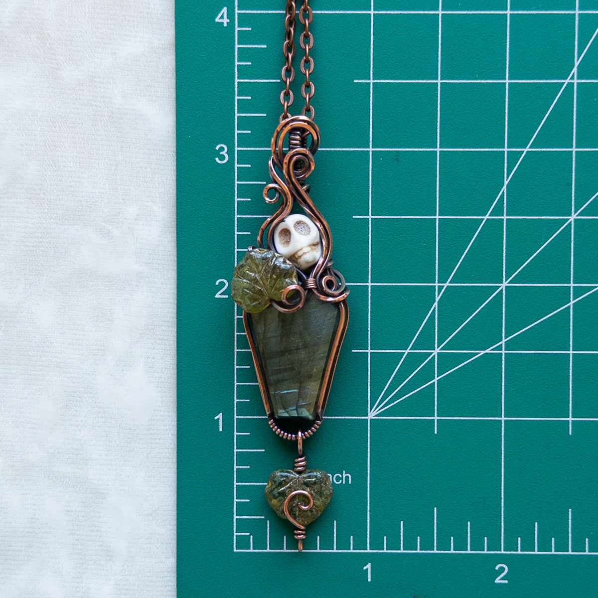 Labradorite Coffin & Skull Antiqued Copper Pendant With Czech Glass Leaves