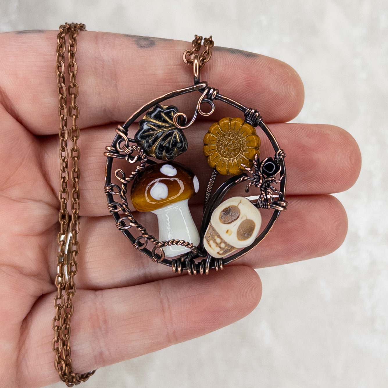 “Autumn Rest” Antiqued Copper Pendant With Czech Glass Botanical Beads, Lampwork Mushroom Bead, Stone Skull Bead, And Tiny Glass & Wire Spider