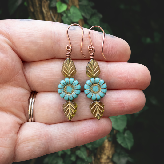 Czech Glass Flower & Leaf Copper Earrings