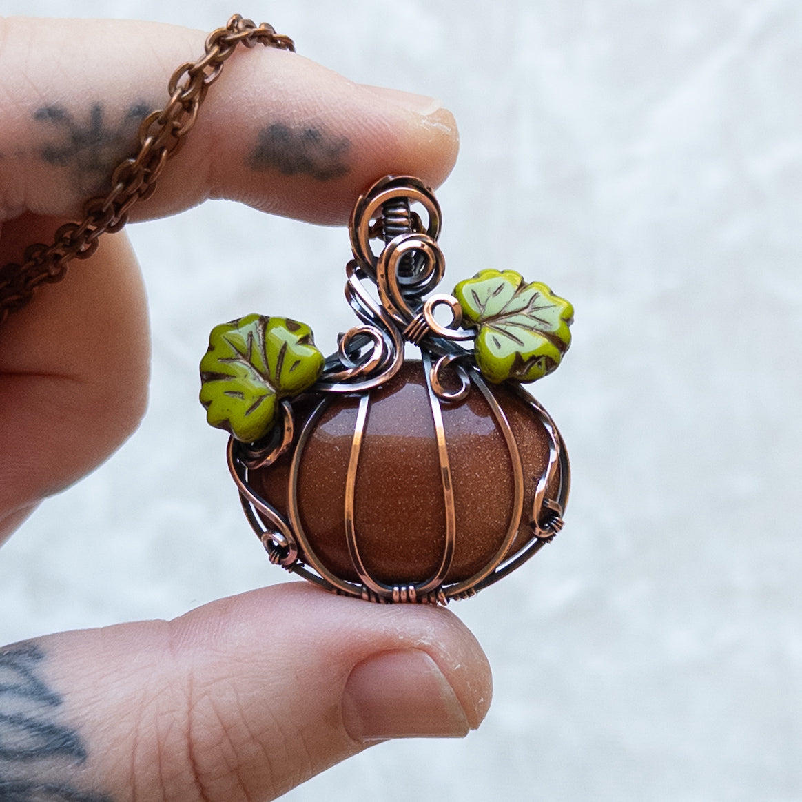 Orange Goldstone Antiqued Copper Pumpkin Pendant With Czech Glass Leaves