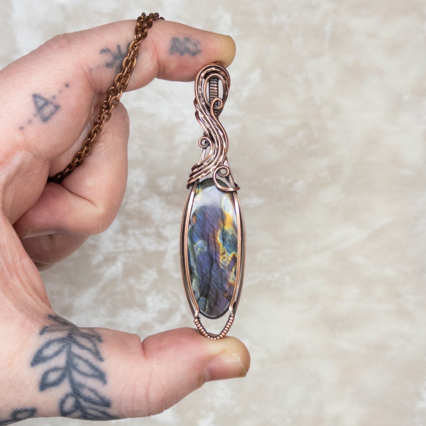 Purple Rainbow Labradorite Antiqued Copper Pendant