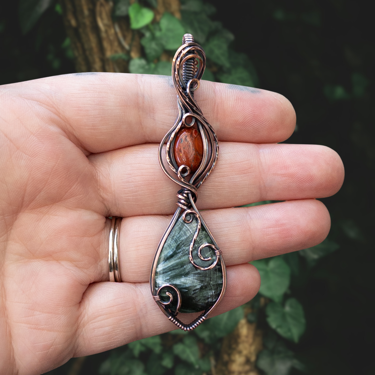 Seraphinite & Red Jasper Antiqued Copper Pendant