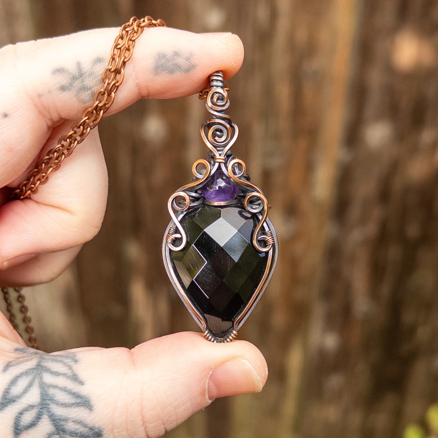 Faceted Obsidian & Amethyst Copper Wrapped Pendant