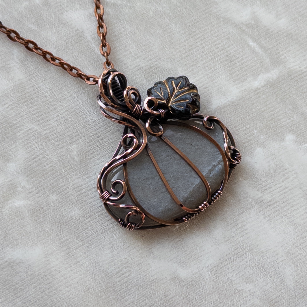 Grey Moonstone Antiqued Copper Pumpkin Pendant With Czech Glass Leaf