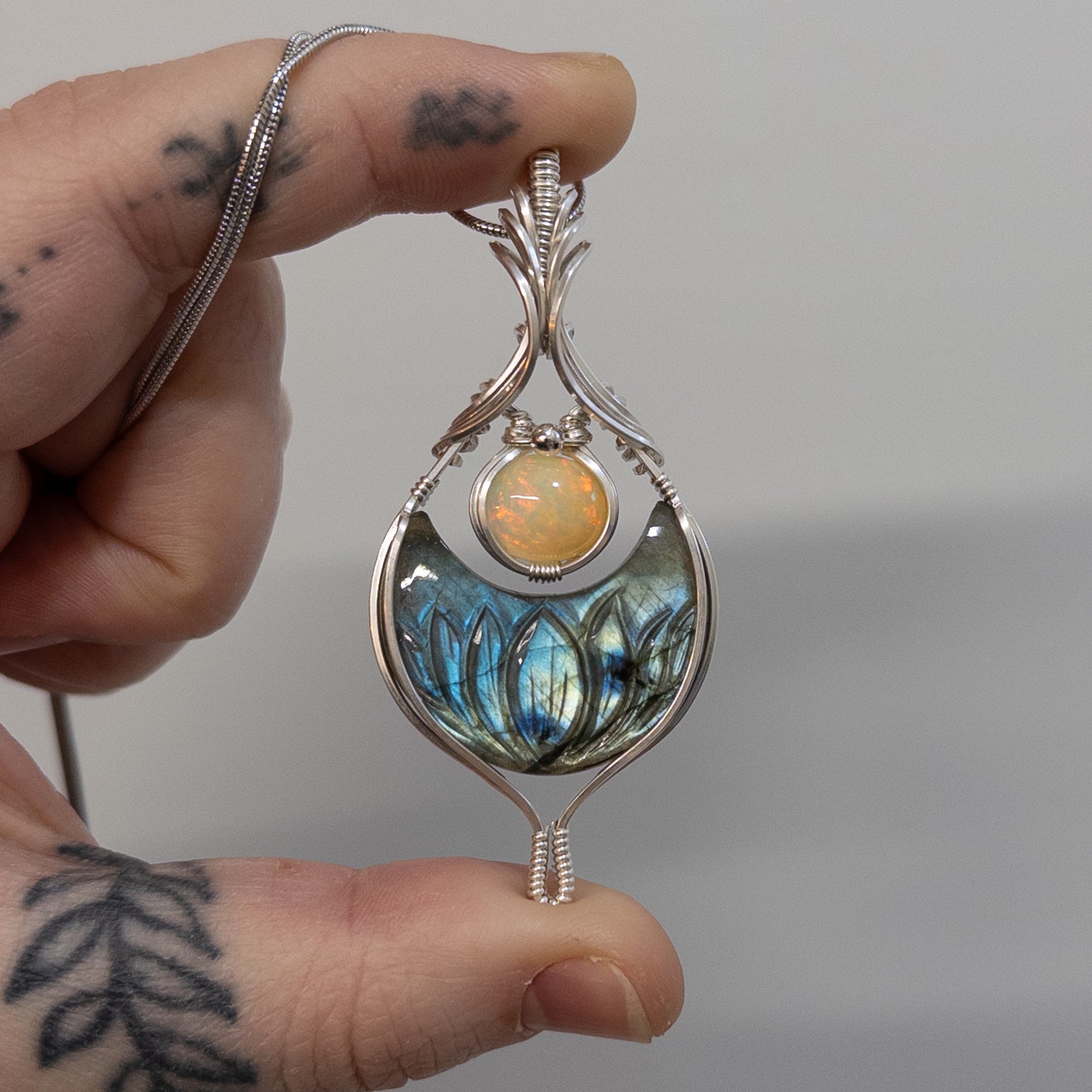 Lotus Carved Labradorite Moon & 2 ct. Ethiopian Opal Sterling Silver Pendant