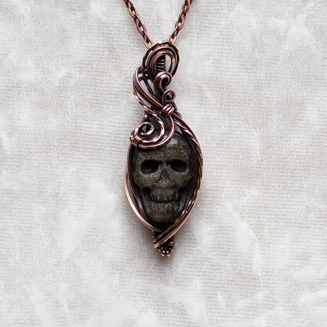 Gold Sheen Obsidian Skull Antiqued Copper Pendant