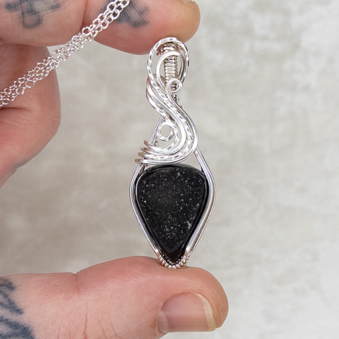 Black Druzy Agate & .925 Sterling Silver Pendant