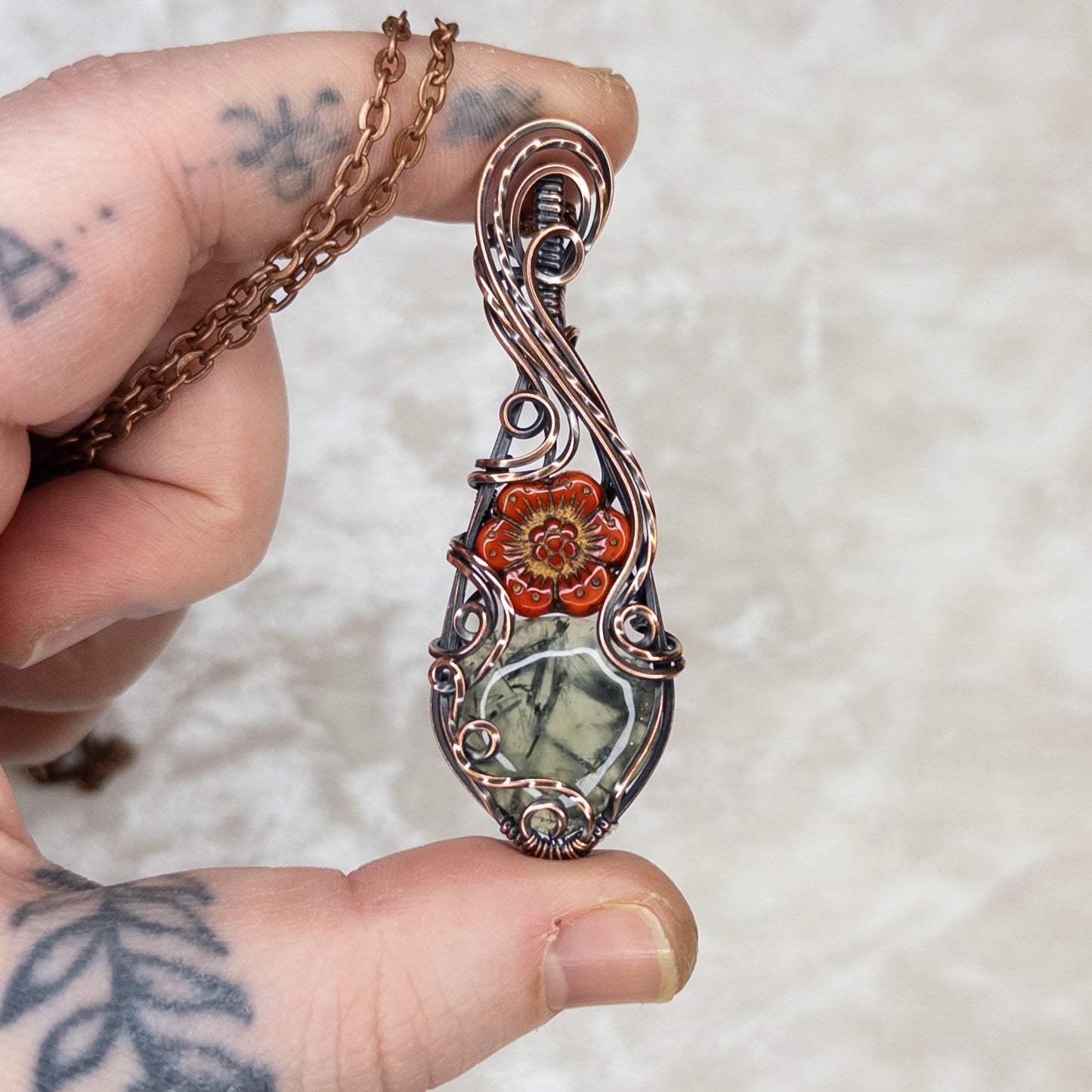 Prehnite & Czech Glass Flower Antiqued Copper Pendant