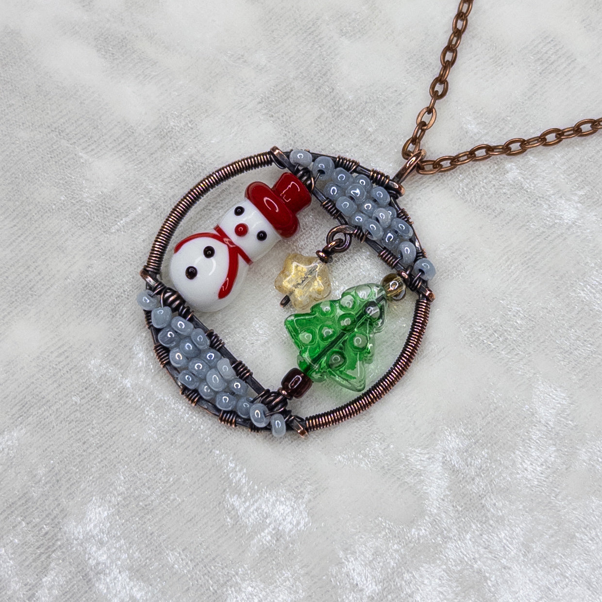 Extra Special Imperfect Winter Scene Copper Wrapped Pendant Featuring Festive Glass Beads