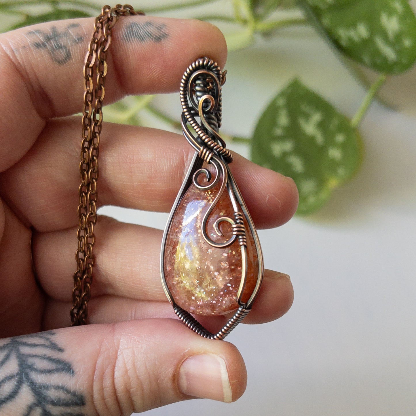 Sunstone & Antiqued Copper Wrapped Pendant