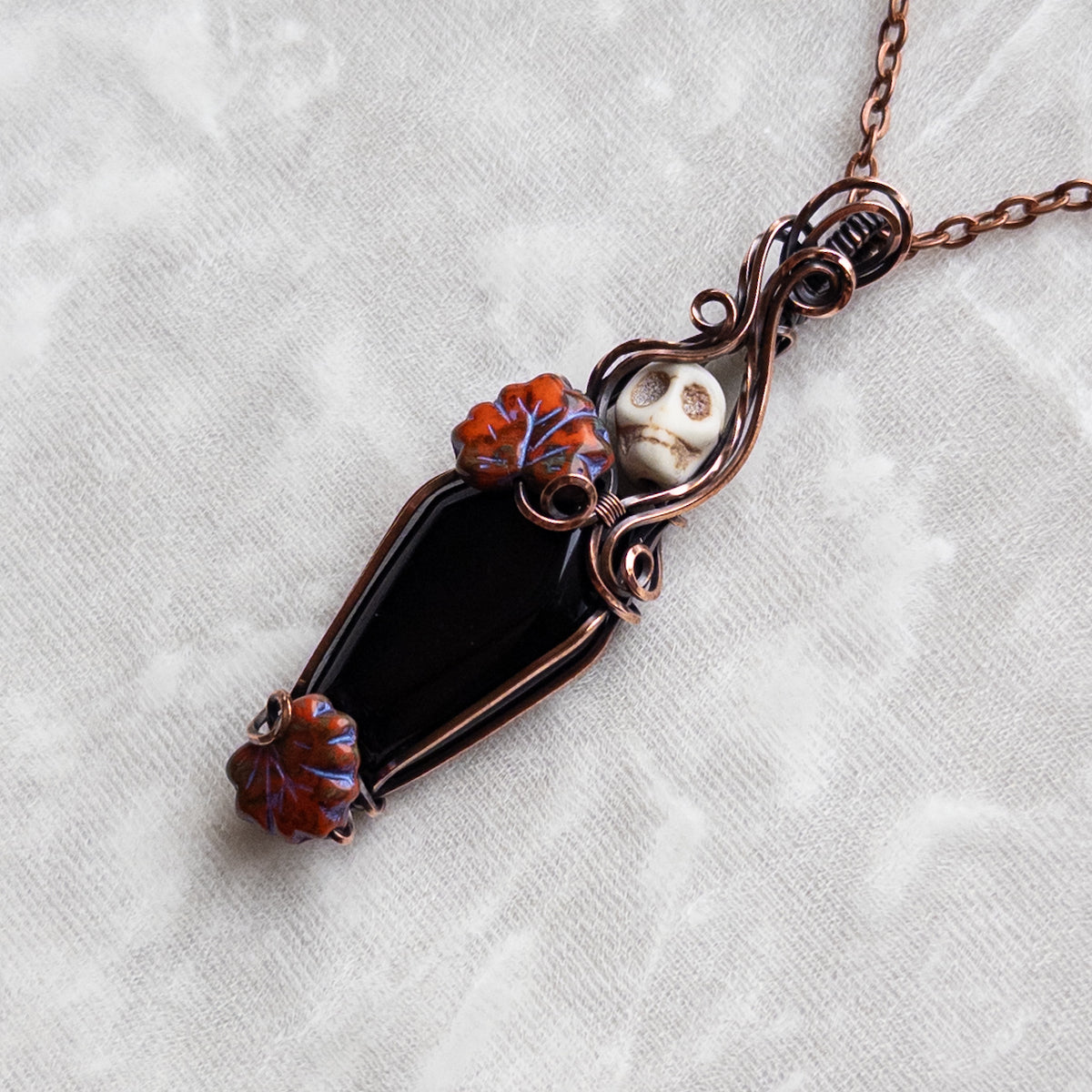 Obsidian Coffin & Skull Antiqued Copper Pendant With Czech Glass Leaves