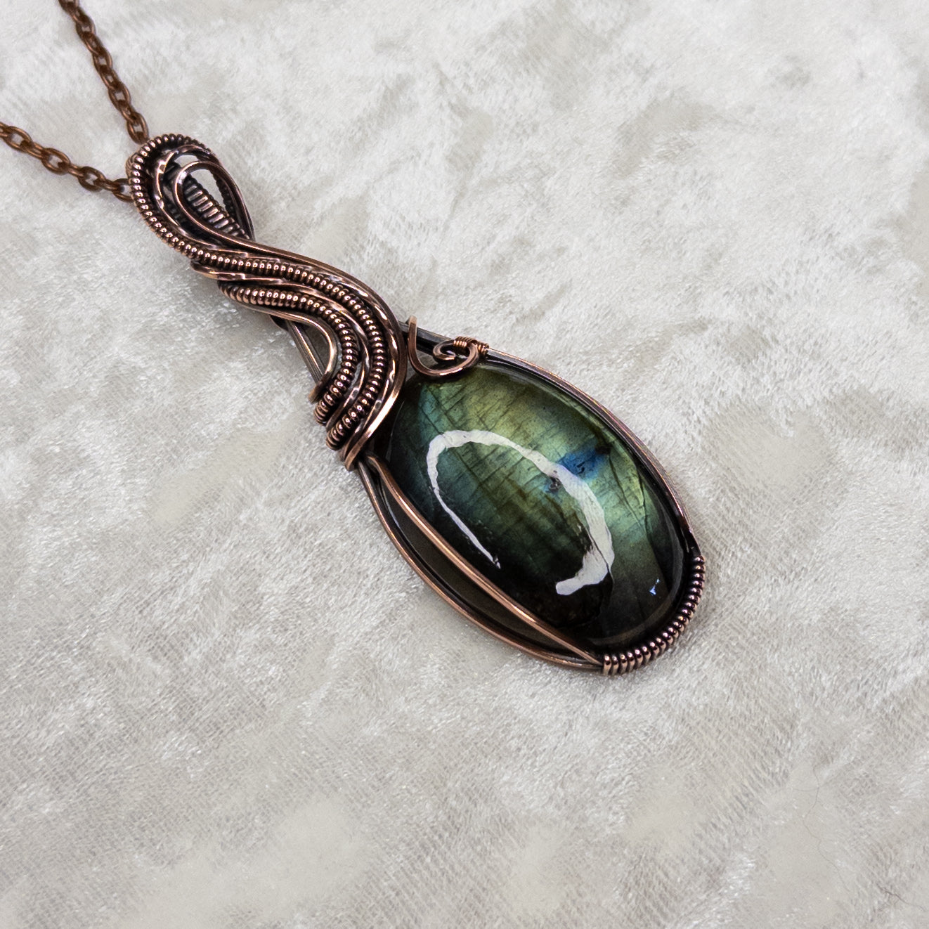 Green With A Splash Of Blue Labradorite Antiqued Copper Pendant