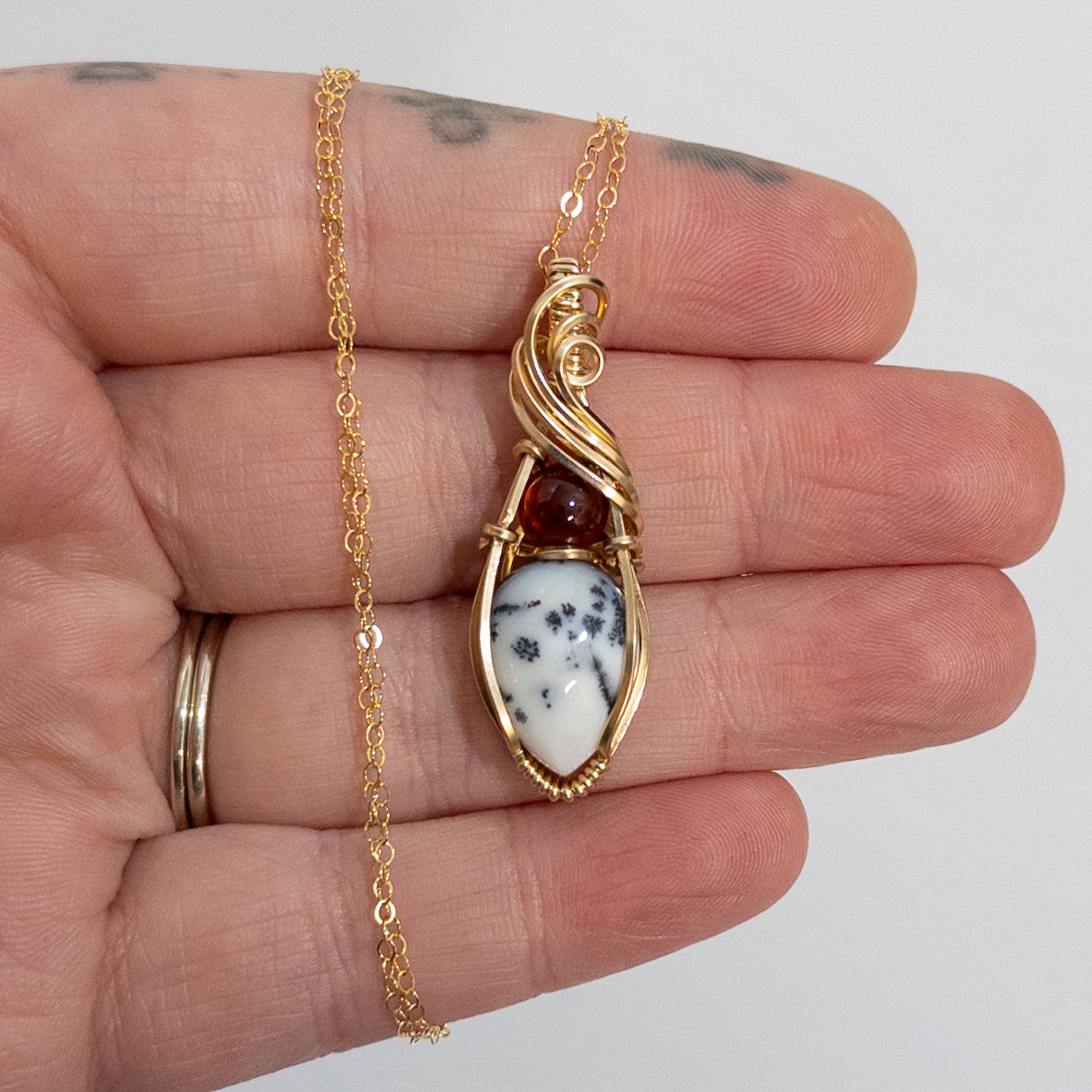 Dendritic Opal & Hessonite Garnet 14k Gold Fill Pendant