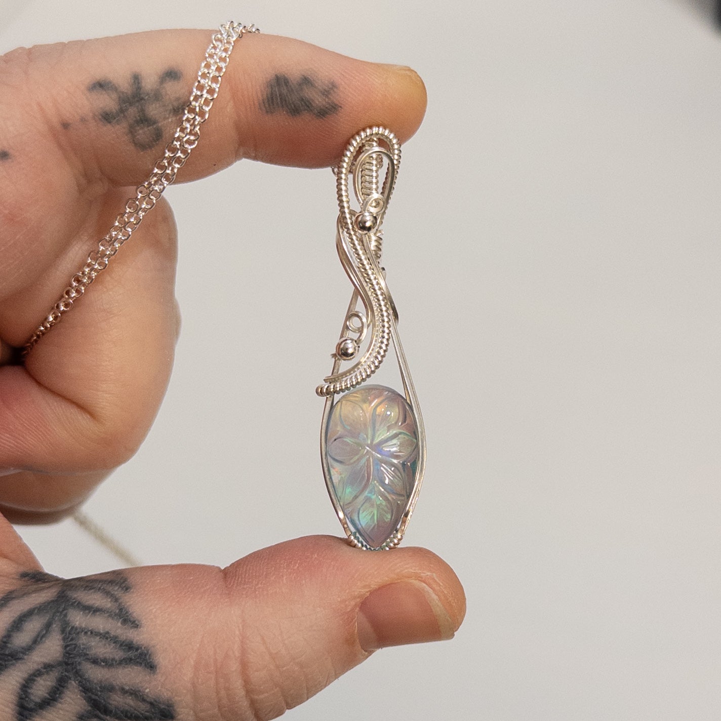 Leaf Motif Carved Aurora Opal & Quartz Doublet Sterling Silver Wire Wrapped Pendant