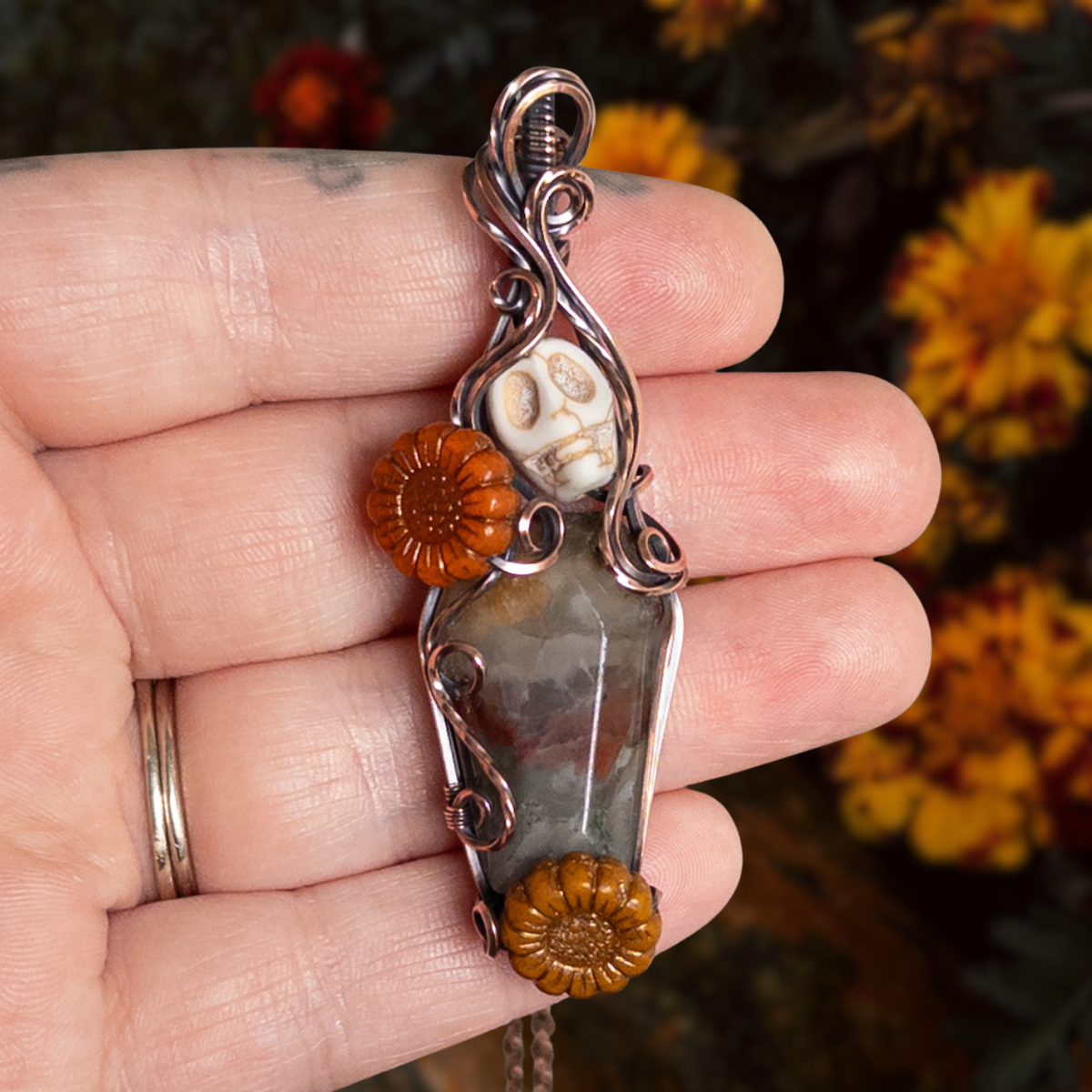 African Bloodstone Coffin, Skull, & Sunflower Antiqued Copper Pendant