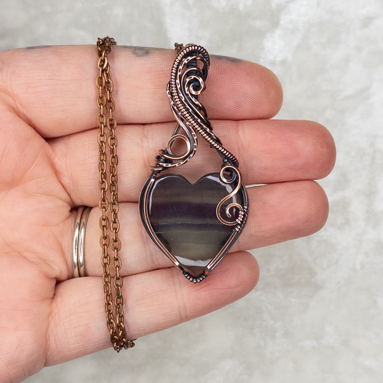 Banded Fluorite Heart Antiqued Copper Pendant