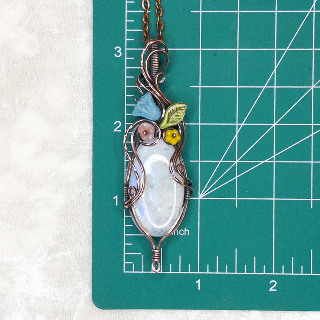 Moonstone & Czech Glass Antiqued Copper “Bouquet” Pendant