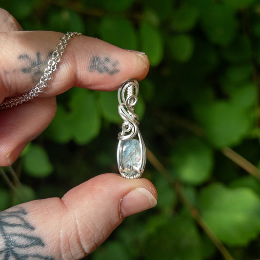 Rainbow Moonstone & Sterling Silver Wrapped Pendant