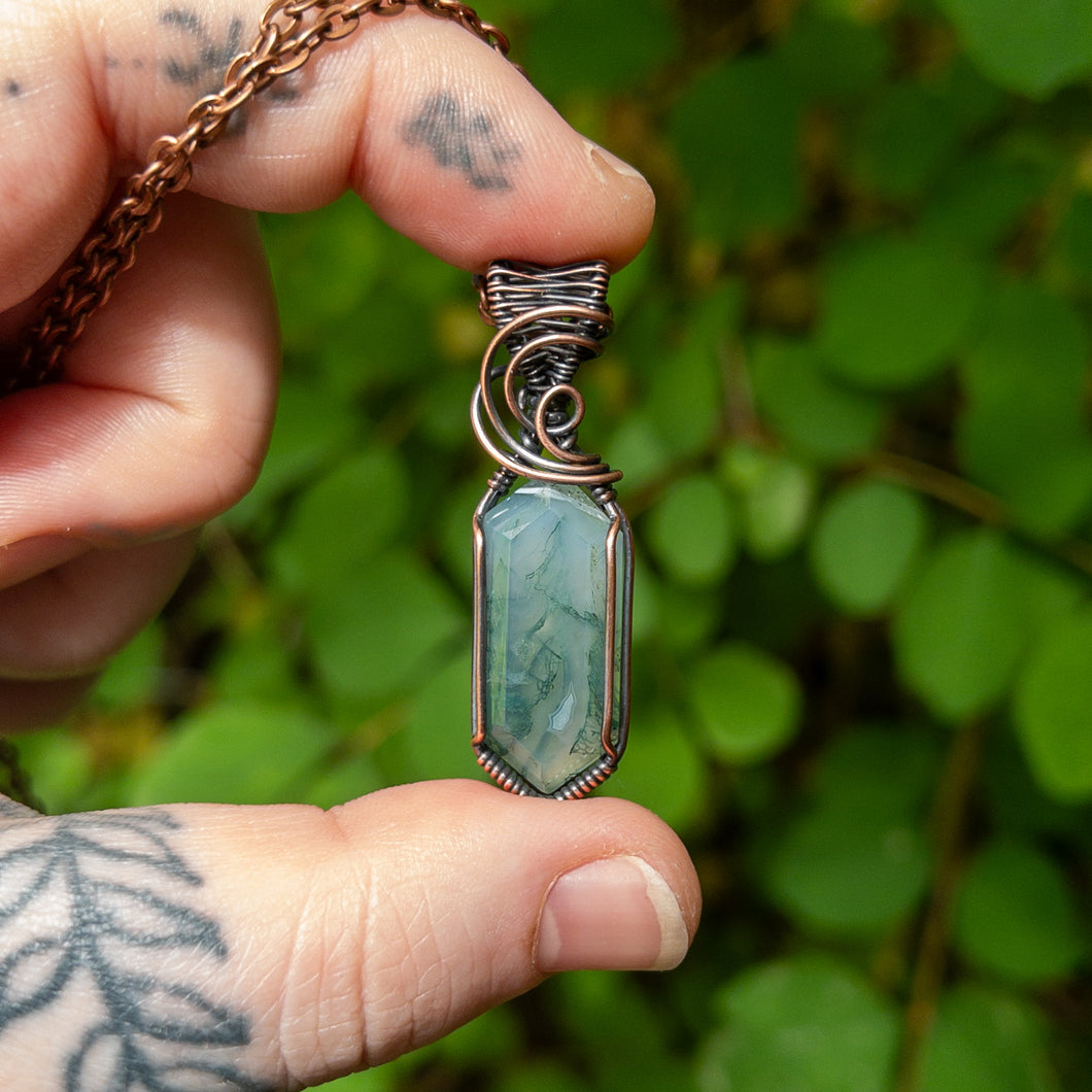 Faceted Marquise Moss Agate Copper Wrapped Pendant