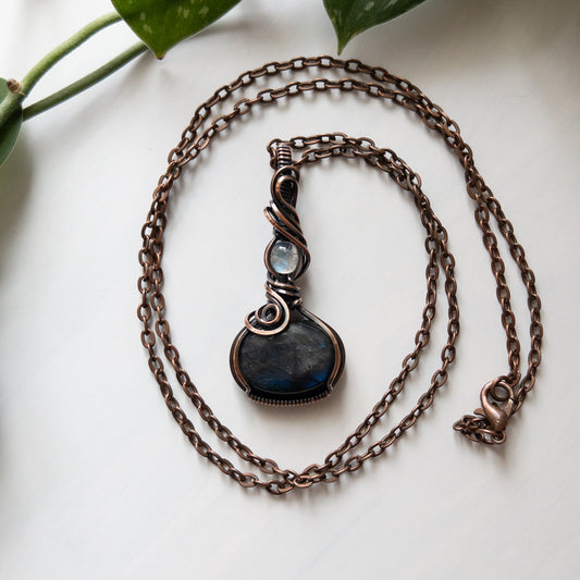 Labradorite With Moonstone & Copper Wrapped Pendant