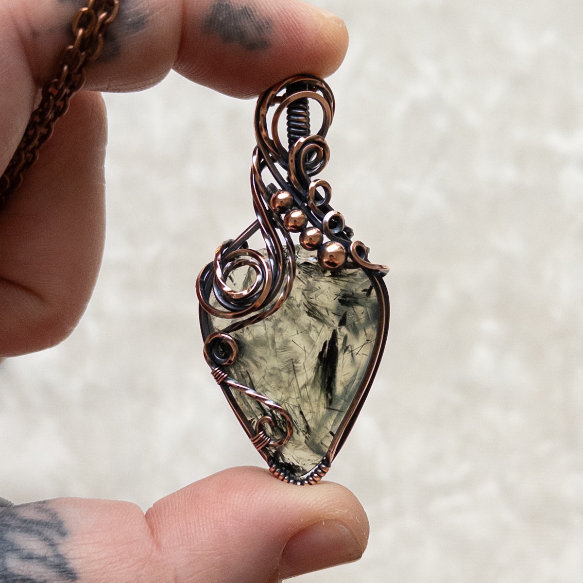 Rose-Cut Prehnite Antiqued Copper Pendant