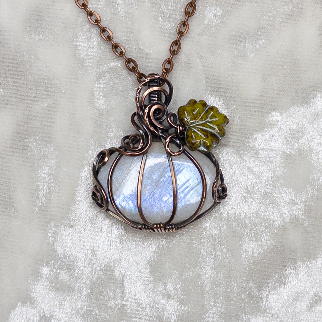 Moonstone Antiqued Copper Pumpkin Pendant With Czech Glass Leaf