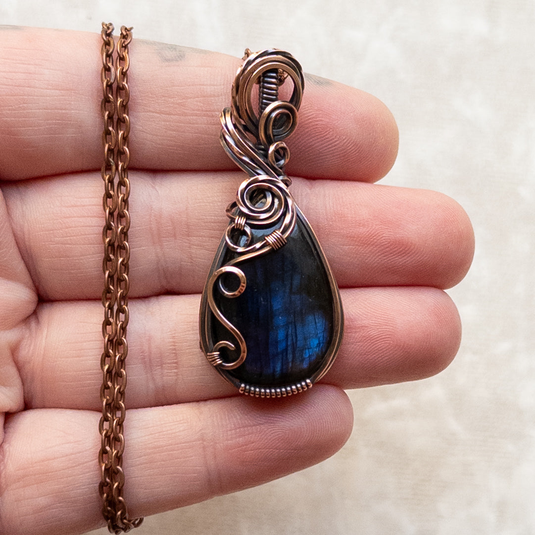 Dark Blue Labradorite Antiqued Copper Pendant
