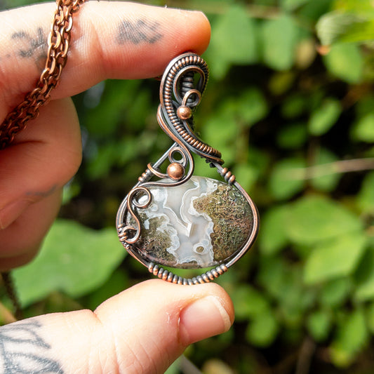 Moss Agate Copper Wrapped Pendant