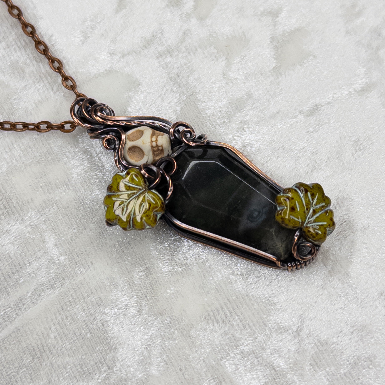 African Bloodstone Coffin & Skull Antiqued Copper Pendant With Czech Glass Leaves