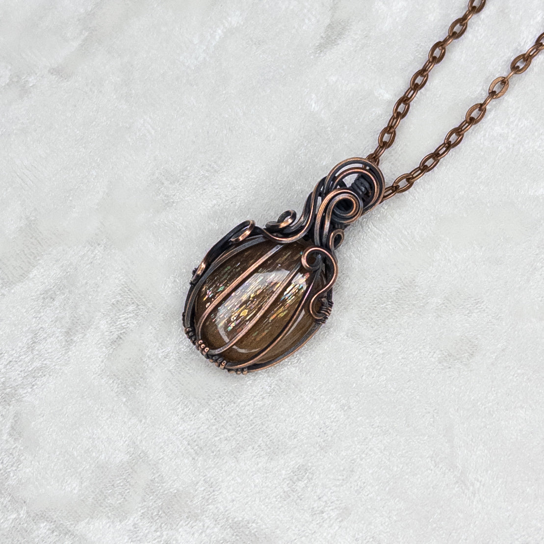 Meteor Shower Sunstone Antiqued Copper Pumpkin Pendant