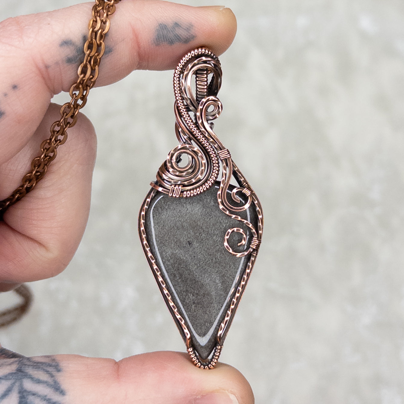 Silver Sheen Obsidian Antiqued Copper Pendant