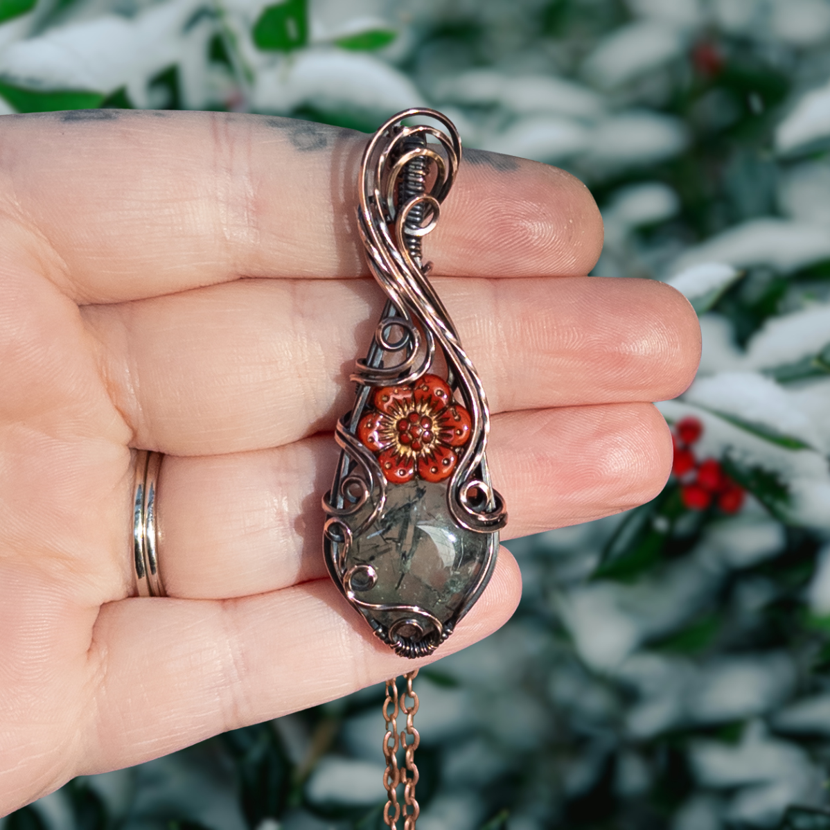 Prehnite & Czech Glass Flower Antiqued Copper Pendant