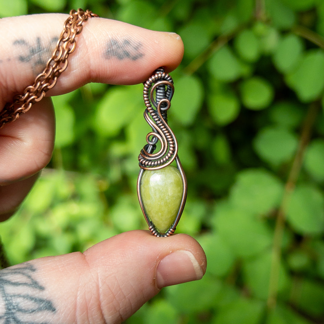 Vesuvianite & Antiqued Copper Wrapped Pendant