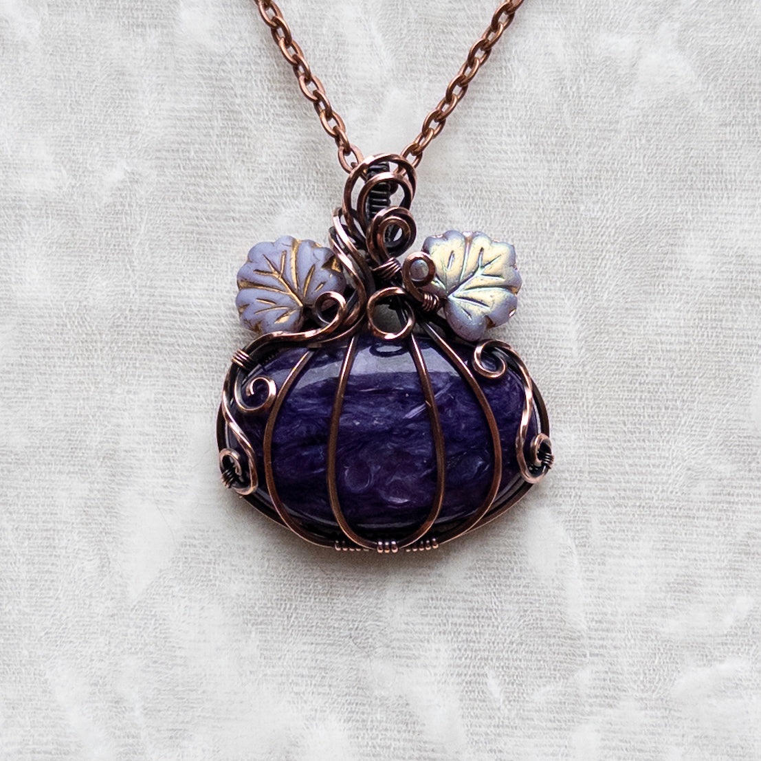 Charoite Pumpkin Antiqued Copper Pendant With Czech Glass Leaves