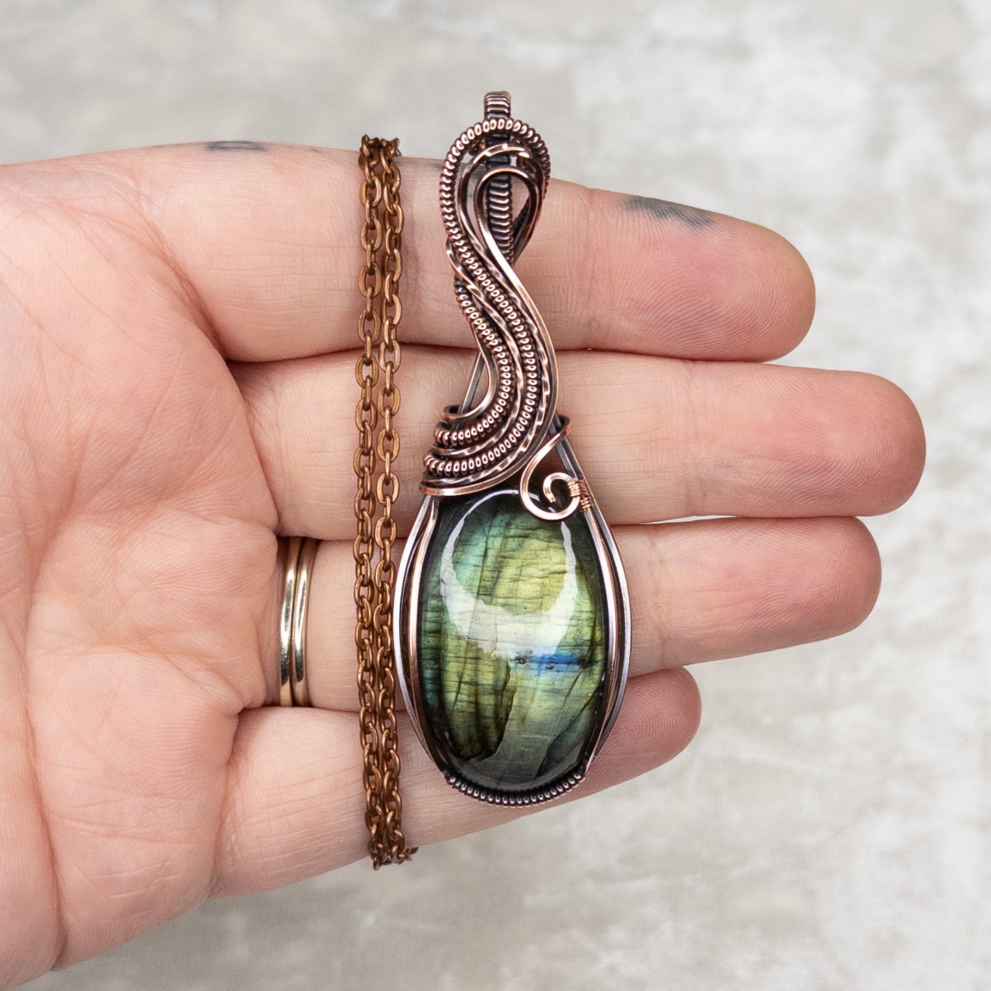 Green With A Splash Of Blue Labradorite Antiqued Copper Pendant